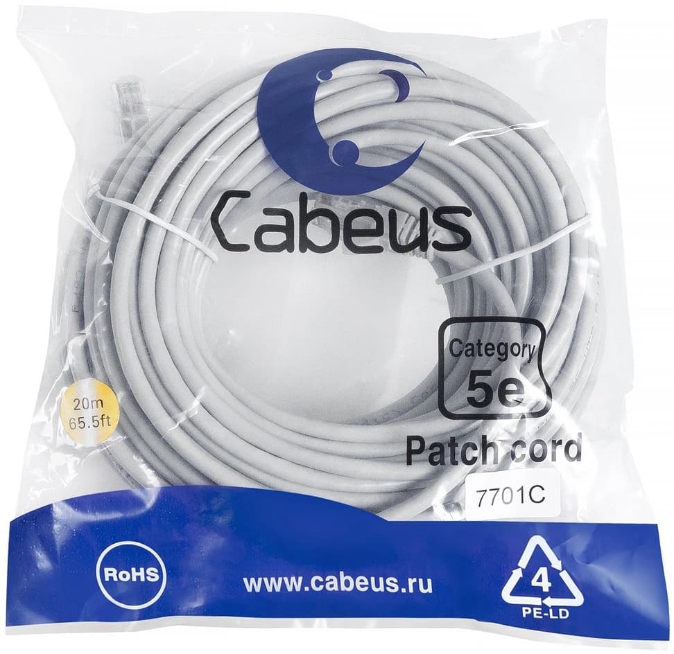 Патч-корд Cabeus PC-UTP-RJ45-CAT.5E-20M U/UTP RJ-45 вил.-вилка RJ-45 кат.5E 20м серый ПВХ - фото 1