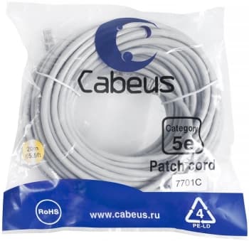 Патч-корд Cabeus PC-UTP-RJ45-CAT.5E-20M U/UTP RJ-45 вил.-вилка RJ-45 кат.5E 20м серый ПВХ - фото 2