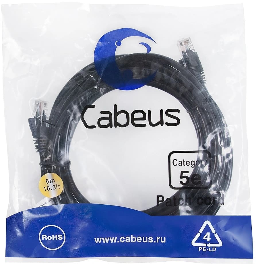 Патч-корд Cabeus PC-UTP-RJ45-CAT.5E-5M-BK-LSZH U/UTP RJ-45 вил.-вилка RJ-45 кат.5E 5м черный LSZH - фото 1