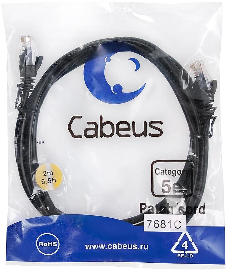 Патч-корд Cabeus PC-UTP-RJ45-CAT.5E-2M-BK-LSZH U/UTP RJ-45 вил.-вилка RJ-45 кат.5E 2м черный LSZH - фото 1