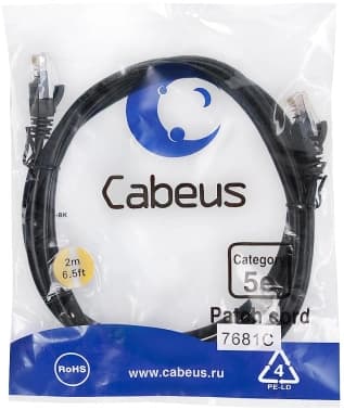 Патч-корд Cabeus PC-UTP-RJ45-CAT.5E-2M-BK-LSZH U/UTP RJ-45 вил.-вилка RJ-45 кат.5E 2м черный LSZH - фото 2